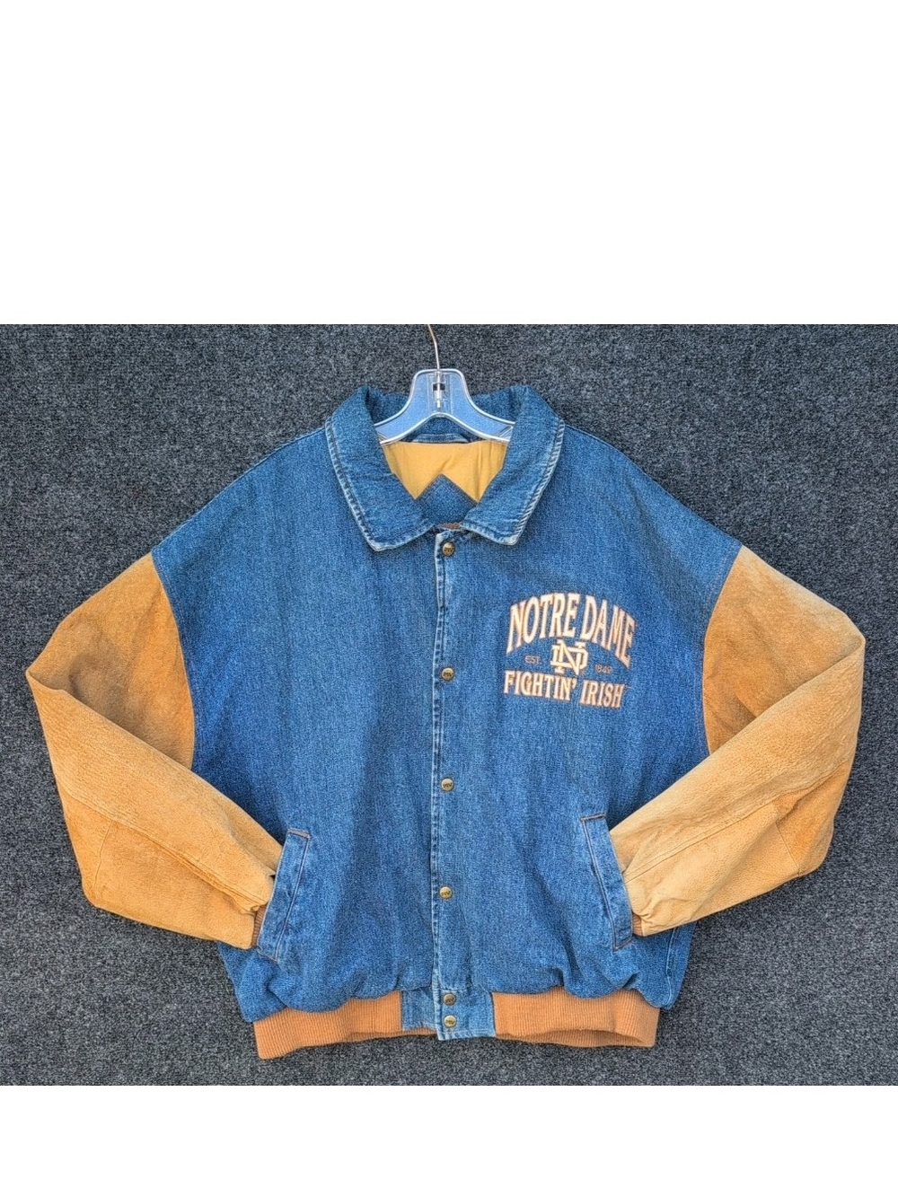 MV Sport Notre Dame Two-Tone Denim Bomber Jacket in Blue and Tan